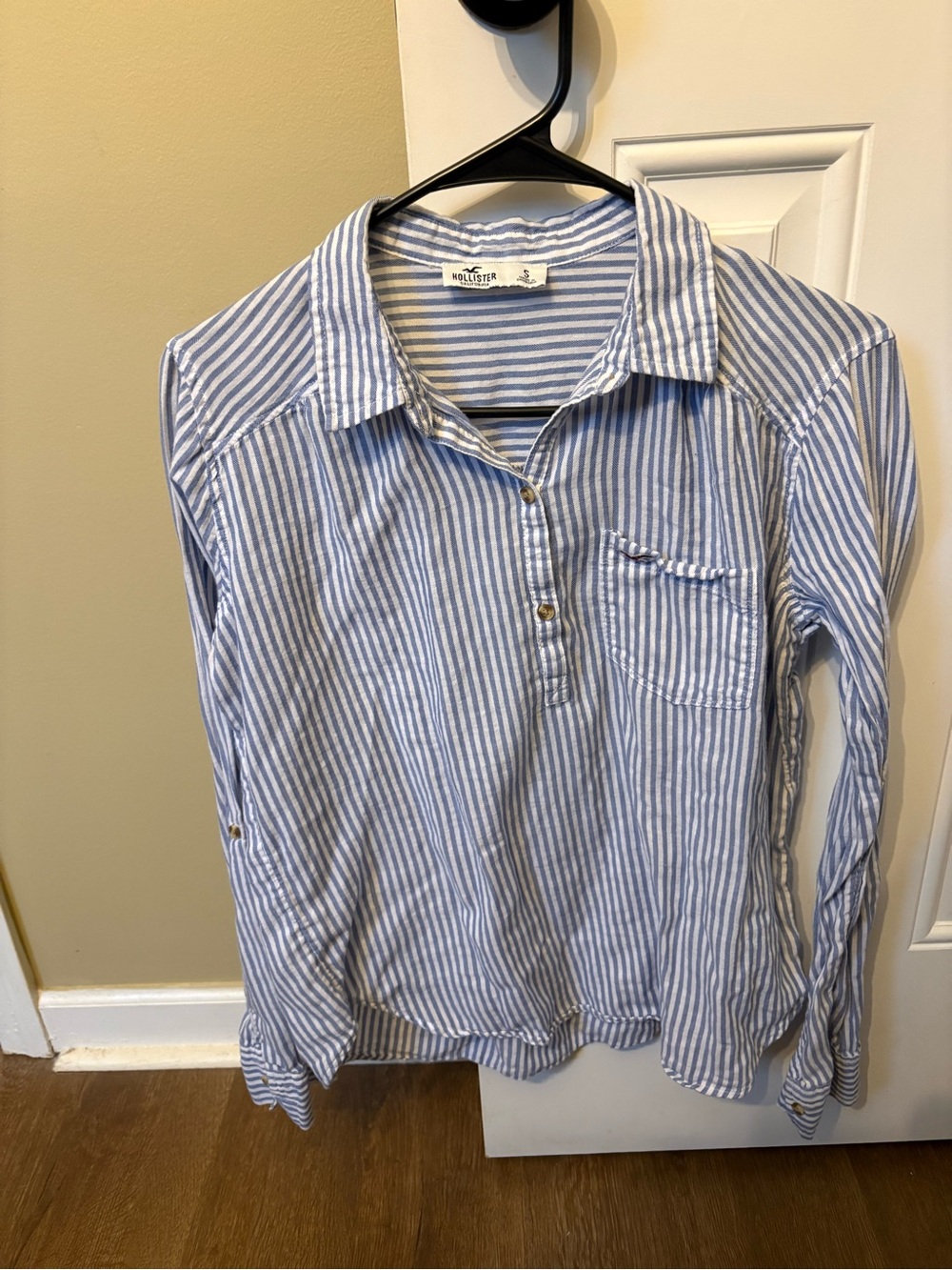 Light Blue & White Striped Women’s Button Polo Shirt - Hollister